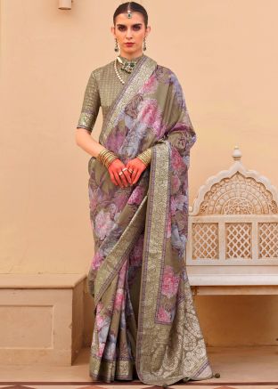 Green Art Silk Saree In Digital Print