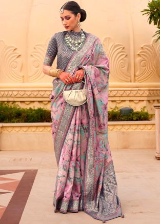 Pink Art Silk Print Saree With Blouse