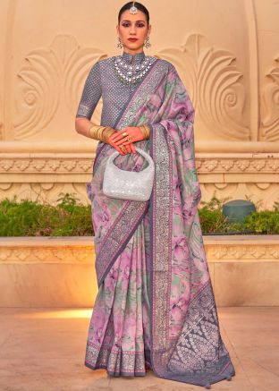 Pink Art Silk Saree In Digital Print