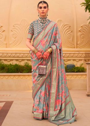 Sage Green Print Saree In Art Silk