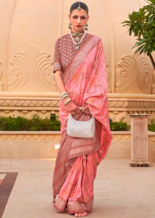 Dark Peach Print Art Silk Saree