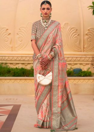 Dusty Cream Print Art Silk Saree