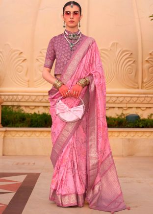 Pink Art Silk Saree In Digital Print