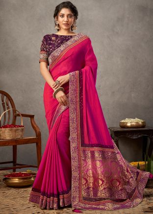 Dual Tone Pink Embroidered Border Saree