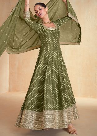 Readymade Green Zari Woven Anarkali Suit