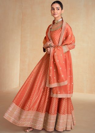 Readymade Orange Zari Woven Anarkali Suit