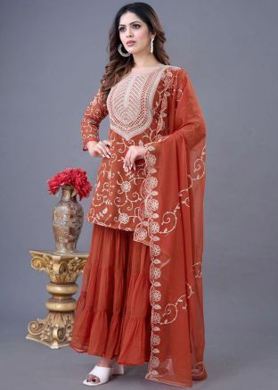 Readymade Orange Embroidered Sharara Suit