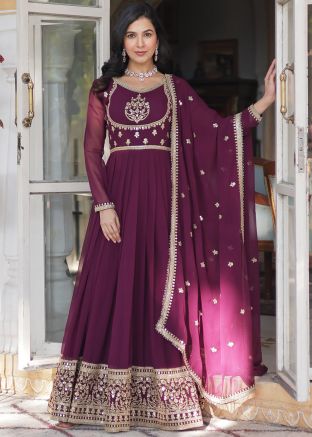 Purple Embroidered Anarkali Suit Set 