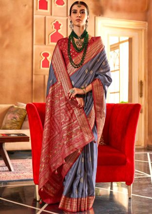 Grey Printed Saree With Blouse