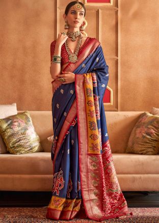 Navy Blue Patola Print Saree In Silk