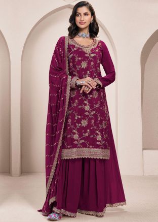 Magenta Embroidered Sharara Salwar Suit Set