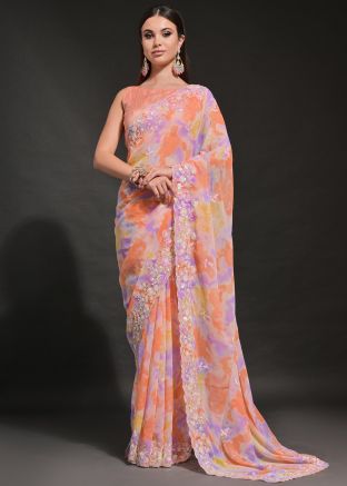 Orange Sequins Embroidered Georgette Saree