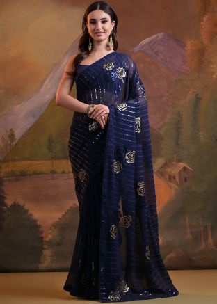 Navy Blue Embellished Georgette Saree