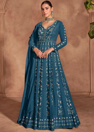 Blue Embroidered Salwar Suit Set In Chiffon