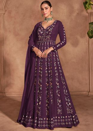 Purple Thread Embroidered Anarkali Salwar Suit Set