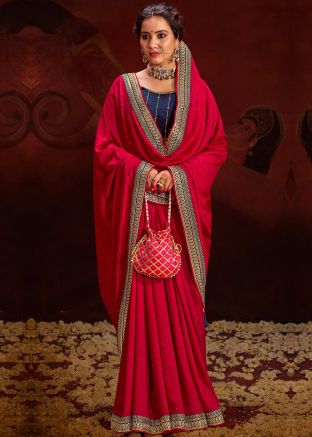 Pink Resham Work Saree In Art Silk