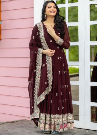 Readymade Wine Embroidered Anarkali Suit