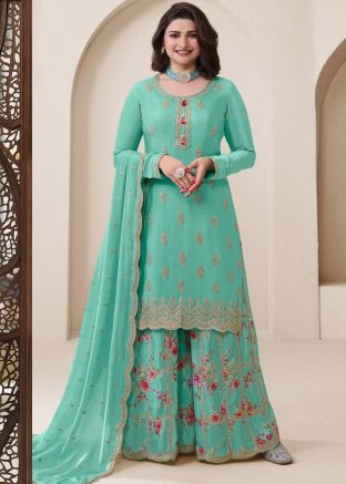 Prachi Desai Blue Embroidered Sharara Suit In Chiffon