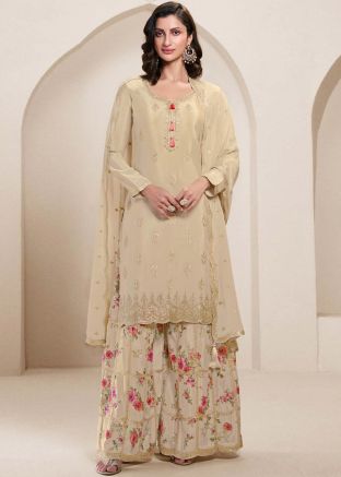 Cream Embroidered Sharara Suit In Chiffon