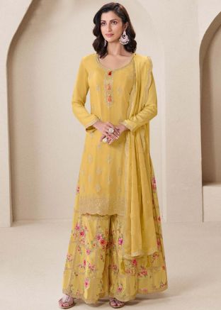 Yellow Embroidered Sharara Suit Set In Chiffon