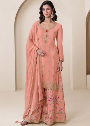 Peach Embroidered Sharara Suit Set In Chiffon