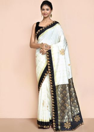 White Zari Woven Saree In Satin