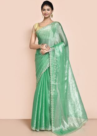 Green Stone Work Saree In Organza