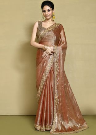 Brown Stone Work Saree In Organza