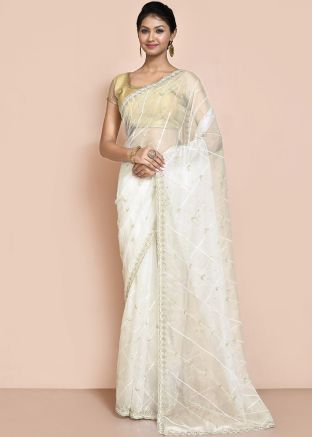 White Embroidered Saree In Organza