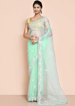 Green Embroidered Saree In Organza
