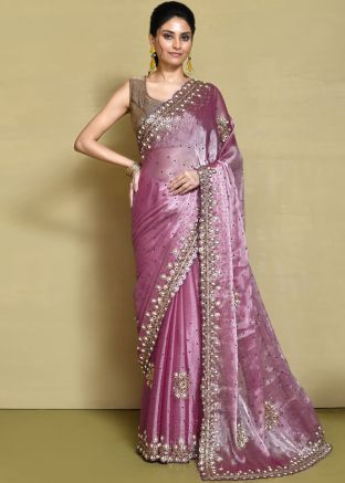 Mauve Pink Embroidered Saree In Organza
