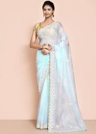 Blue Embroidered Saree In Organza
