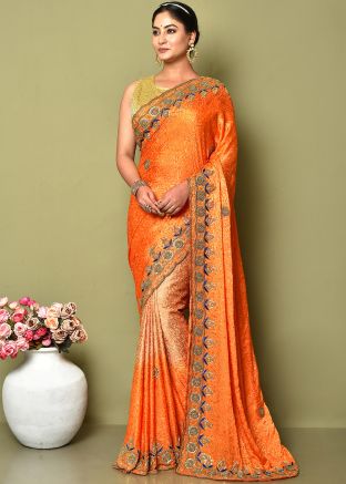Orange Embroidered Saree In Jacquard