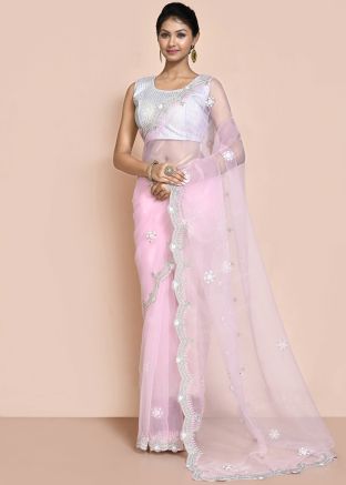 Pink Stone Work Saree In Organza