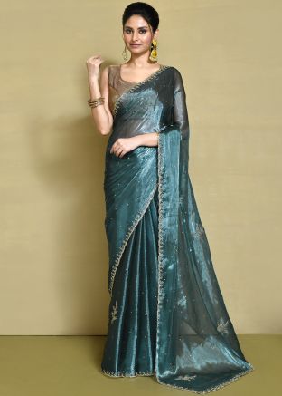 Blue Stone Work Saree In Organza