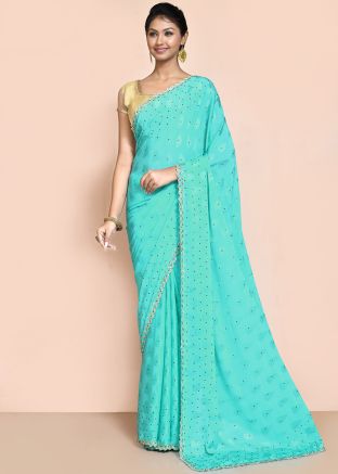 Blue Woven Work Saree In Jacquard