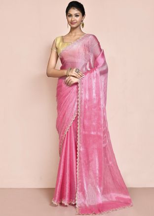 Pink Stone Work Saree In Organza