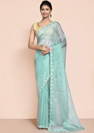 Blue Embroidered Saree In Organza