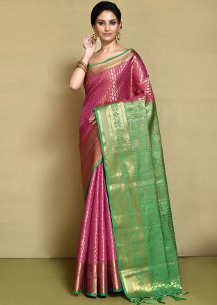 Pink Embroidered Saree In Kanjivaram Silk