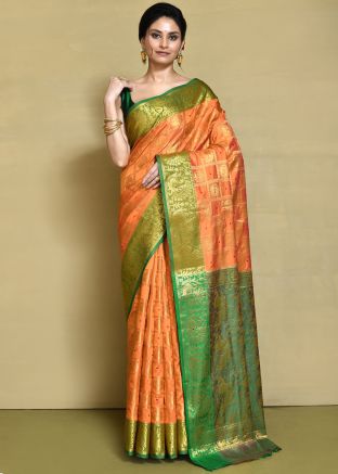 Orange Embroidered Saree In Jacquard