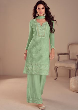 Pastel Green Embroidered Readymade Palazzo Suit