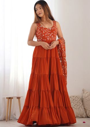 Readymade Orange Embellished Tiered Anarkali Suit