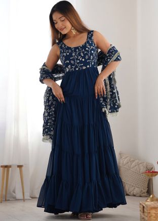 Readymade Blue Embellished Tiered Anarkali Suit