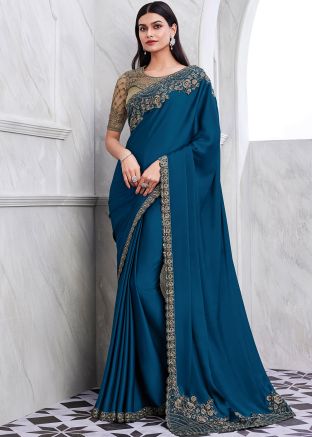 Blue Embroidered Saree In Art Silk