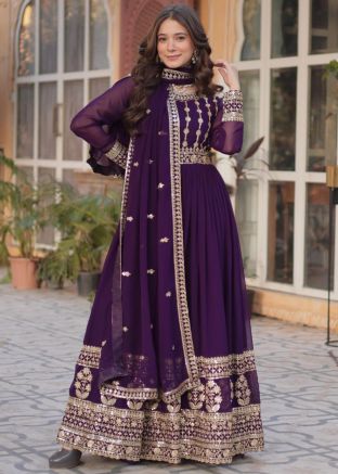 Readymade Purple Embroidered Anarkali Suit