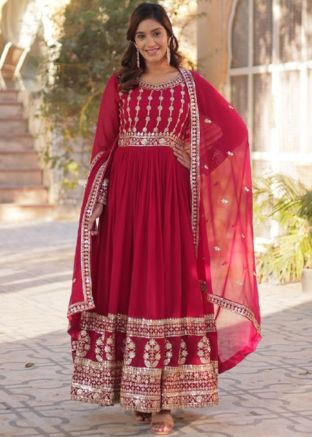 Readymade Pink Embroidered Georgette Anarkali Suit