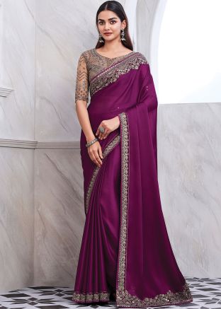 Magenta Zari Embroidered Saree In Chiffon