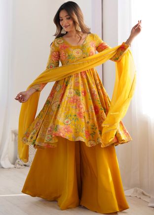 Readymade Yellow Floral Print Chanderi Palazzo Suit