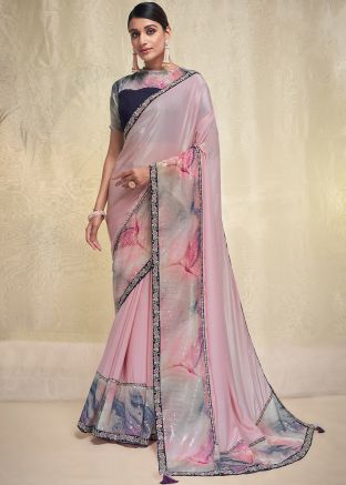 Pink Sequins Embroidered Saree In Crape
