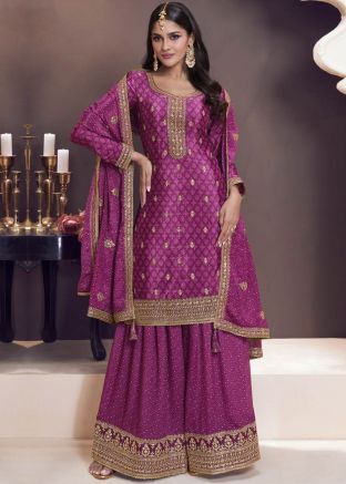 Purple Readymade Printed Chiffon Sharara Suit Set